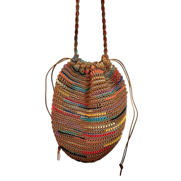 Woven Multicolor Leather Bucket Bag With Drawstring Closure - Picture 3 of 9